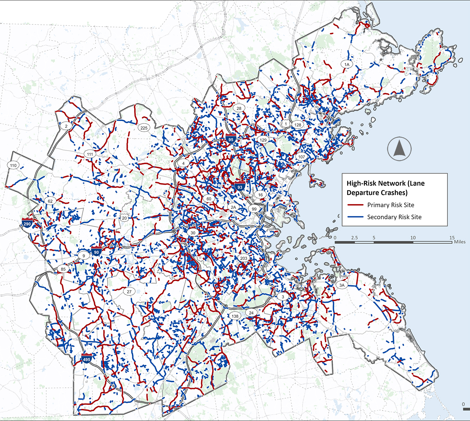 A map of the Boston area with the MPO region enclosed in a border. A High Risk Network for Lane Departure Crashes is overlaid on the map highlighting primary and secondary risk sites. Most sites are concentrated within Route 95 around and to the north of Boston, but risk sites are present throughout most of the larger region. 